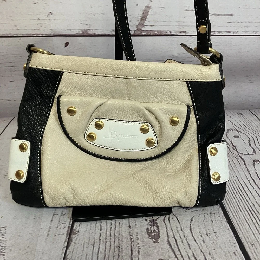 B. Makowsky Handbag Beige Black Leather‎ Crossbody Bag Purse